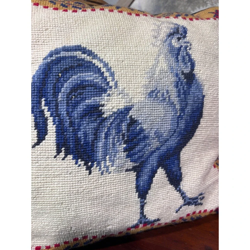 Vintage Needlepoint Rooster Chicken Throw Pillow Folk French Country Decor